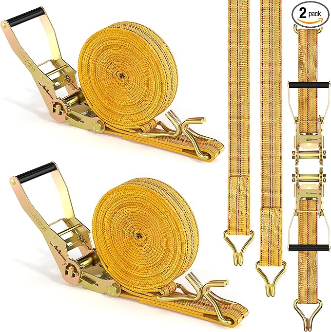 2Pack Ratchet Straps Heavy Duty, 2” 32Ft Tie Down Straps Ratchet, Tie Down Ratcheting with Double J Hook, 4000 LB Break Strength Cargo Strap Ratcheting for Moving, Trailers, Motorcycles and Car Roof