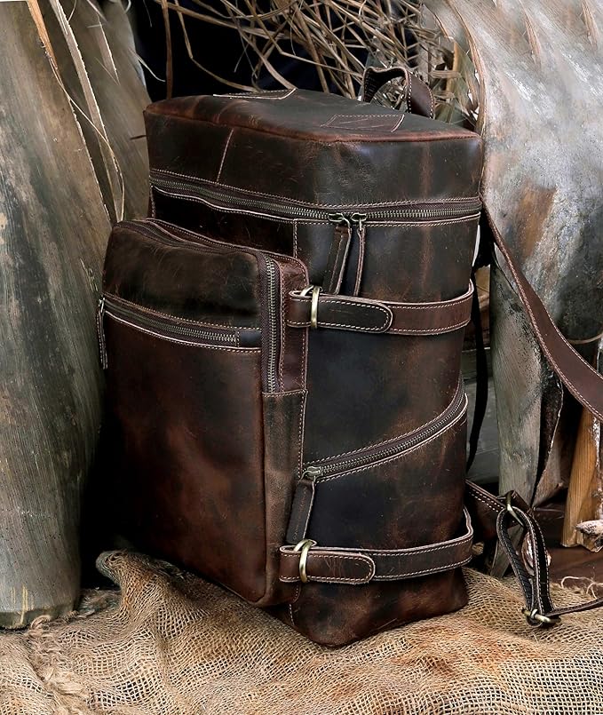 HLC Leather Brown Backpack For Men 17 Inch Genuine Laptop Backpack For Women Men Genuine Leather Backpack Vintage Large Capacity Business Retro Daypack
