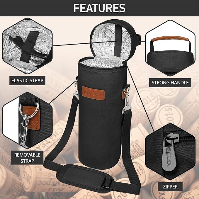 opux Wine Bag Single Bottle Carrier Tote, Insulated Wine Cooler Bag for Travel Picnic Beach with Shoulder Strap, Thermal One Bottle Holder Carrying Case Wine Gift for Women Men, Black