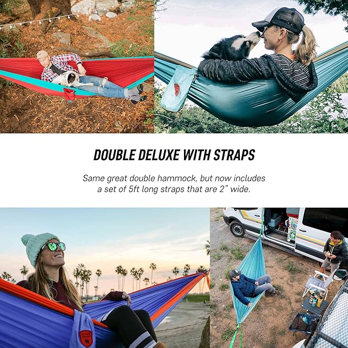 Grand Trunk Double Deluxe Parachute Nylon Hammock - 500lb Capacity Camping Hammock, 10.5x6.5ft, Lightweight & Durable (Navy/Light Blue)