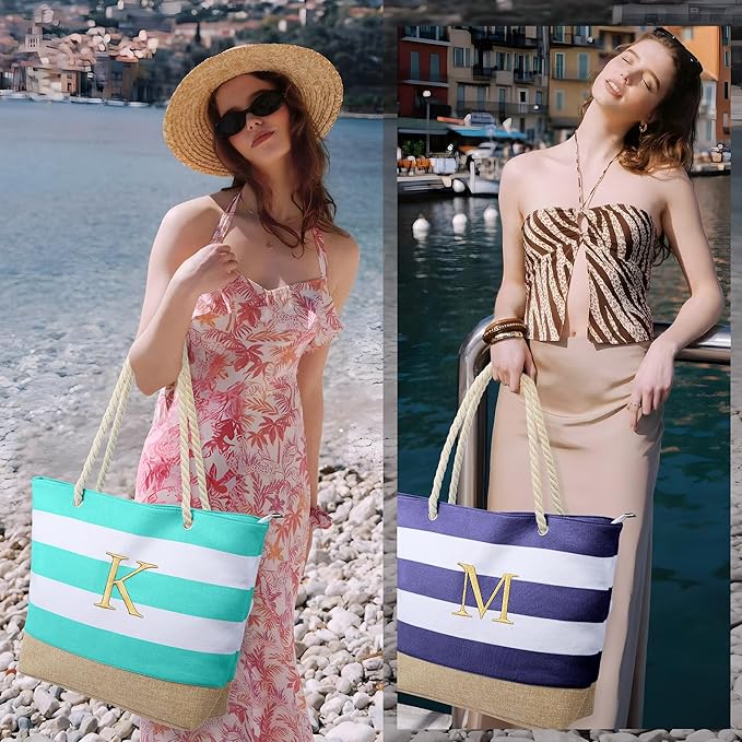 YOOLIFE Initial Canvas Waterproof Beach Tote Bag Zipper Personalized Gifts for Women Her Birthday Travel Beach Essential