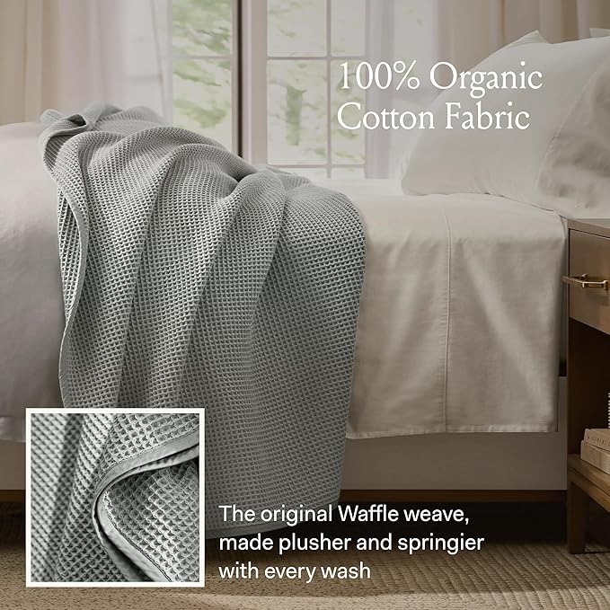 BOLL & BRANCH Waffle Bed Blanket - Full/Queen, Stone - Luxury 100% Organic Cotton - Soft, Lightweight and Breathable - Textured Waffle Weave Design