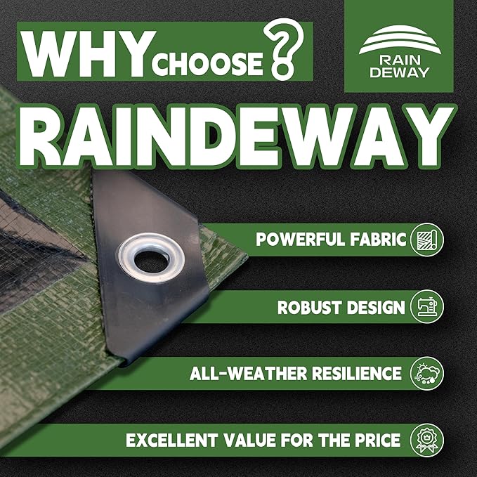 20x20 Feet Tarp Waterproof,9Mil Thick,Finished Size Tarps,UV Resistant,Durable,Multipurpose Poly Tarp Cover with Metal Grommets and Reinforced Edges,Green/Black by RAINDEWAY