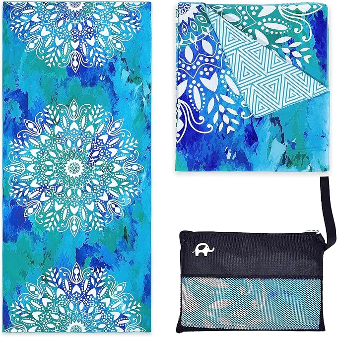 Elite Trend Quick Dry Towel Large 63x31 Inch - Microfiber Beach Towel - Perfect for Beach, Travel, Swimming, Pool, Yoga, Hiking, Camping - Lightweight, Fast Drying, Compact for Adults (Mandala Blue)