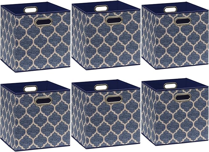 SIMPLE HOUSEWARE 11-Inch Collapsible Fabric Cube Storage Bin with Handles, Printed Design, 6 Pack, Steel Blue