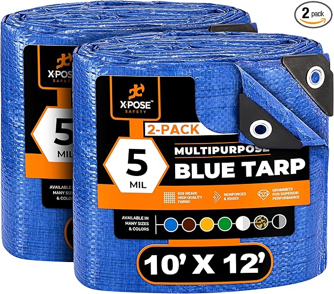 Better Blue Poly Tarp 10' x 12' (2-Pack) - Multipurpose Protective Cover - Lightweight, Durable, Waterproof, Weather Proof - 5 Mil Thick Polyethylene - by Xpose Safety