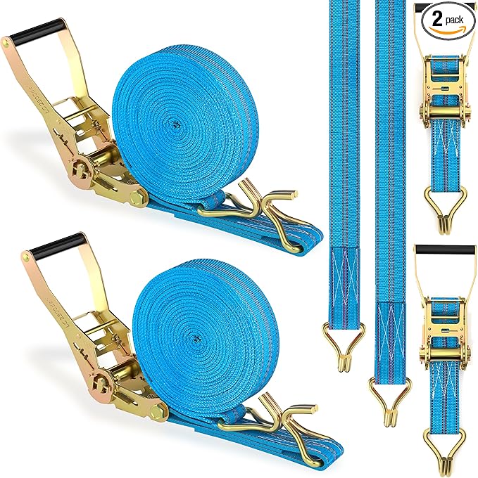 2Pack Ratchet Straps Heavy Duty, 2” 32Ft Tie Down Straps Ratchet, Tie Down Ratcheting with Double J Hook, 4000 LB Break Strength Cargo Strap Ratcheting for Moving, Trailers, Motorcycles and Car Roof