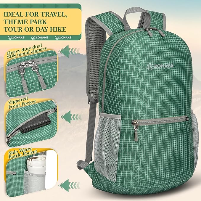 ZOMAKE Ultra Lightweight Hiking Backpack 20L - Packable Small Backpacks Water Resistant Daypack for Women Men(Forest Green Plaid)