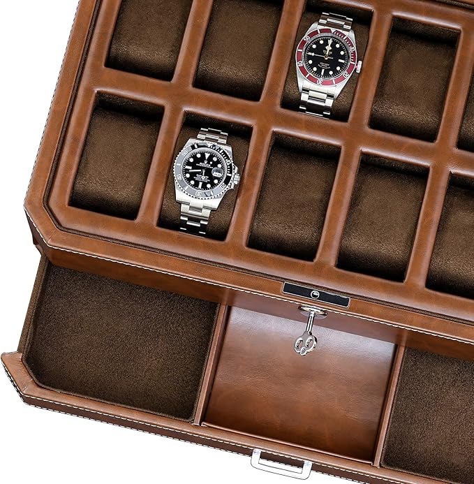 ROTHWELL 12 Slot Leather Watch Box with Valet Drawer - 12 Slot Luxury Watch Case Display Organizer, Microsuede Liner, Mens Accessories Holder, Jewelry Case, Jewelry Display Organizer (Tan/Brown)