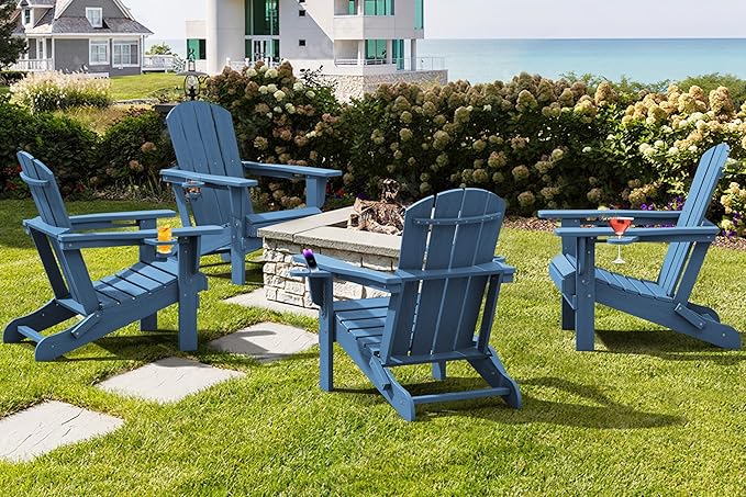 SERWALL Folding Adirondack Chair, HDPE Adirondack Chairs Set of 2, Plastic Outdoor Chairs- Looks Exactly Like Real Wood- Navy