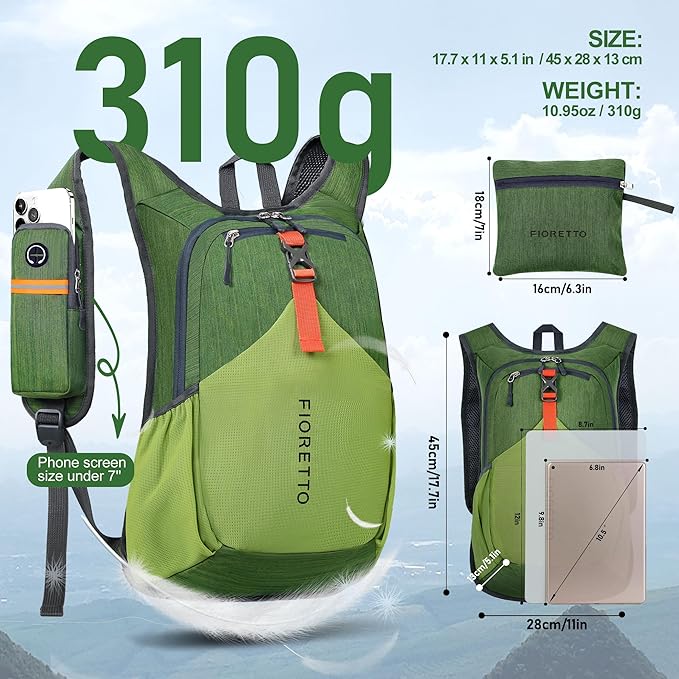 FIORETTO 15L Hiking Backpack for Women Men Mini Packable Backpack Lightweight Small Daypack for Camping Travel Outdoor, Green