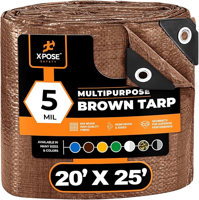 Multipurpose Protective Cover Brown Poly Tarp 20' x 25' - Durable, Water Resistant, Weather Resistant - 5 Mil Thick Polyethylene - by Xpose Safety