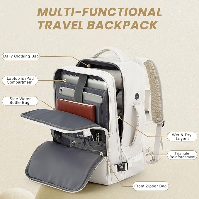 Travel Backpack, Carry on Flight Approved Backpack with Multi-Pockets, TSA Waterproof 17.3inch Laptop Backpack, Personal Item Travel Bag for Men Women, Beige