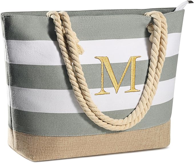 YOOLIFE Initial Canvas Waterproof Beach Tote Bag Zipper Personalized Gifts for Women Her Birthday Travel Beach Essential