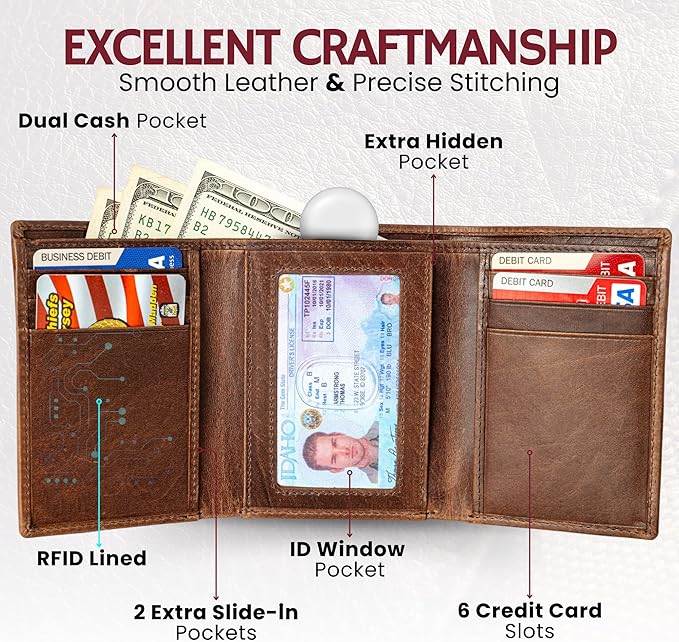 BULL GUARD Leather Trifold Wallets For Men In Grizzly Brown with ID and RFID Blocking Great For Work, Sports, Outdoors, No Logo Design