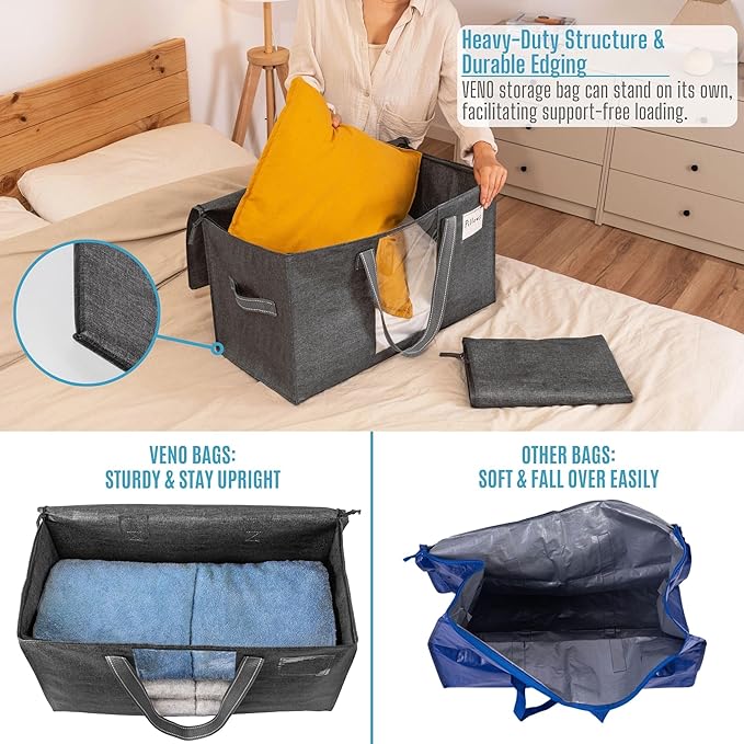 VENO 4 Pack Moving Bags, Comforter and Blanket Storage Bags for Closet, Moving Boxes, Boxes with Lids Alternative, College Dorm Packing Supplies, Foldable Heavy-Duty Tote with Window (Gray, 4 Pack)
