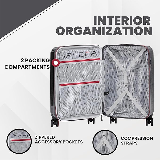 Spyder Traverse 3 Piece Luggage Set, 360° Spinner Wheels, TSA Approved Lock, (20 Inch Carry On, 25 Inch Medium, 29 Inch Large), Charcoal