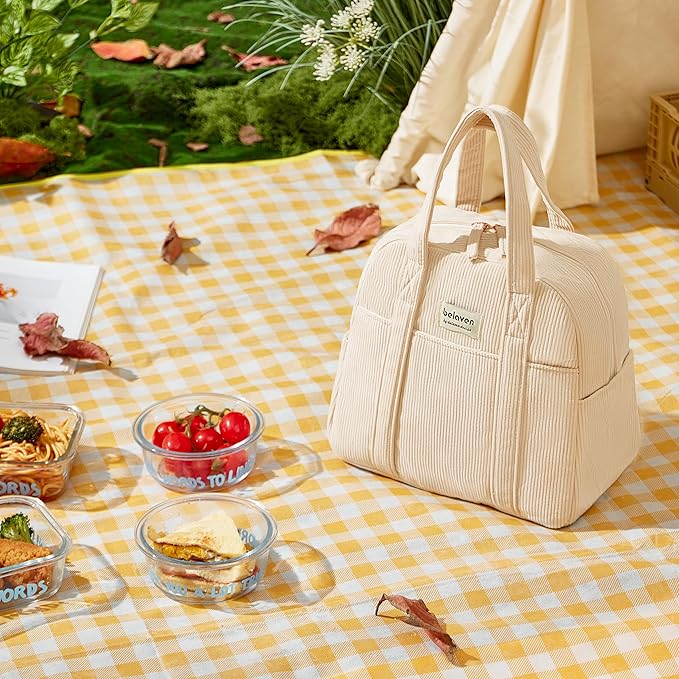 Insulated Lunch Bag for Women, 6-Hour Cold Retention Cooler Tote with Sturdy Handle, 15-Can Spacious Capacity, Leakproof Corduroy Fabric & Aluminum Foil Lining (Coffee)