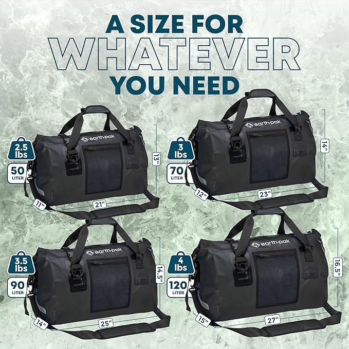 Earth Pak Waterproof Duffel Bag - Heavy Duty Motorcycle Dry Bag with Large Storage Space Perfect for Traveling, Camping, Kayaking, Fishing & Canoeing Bag 50L/70L/90L/120L Sizes