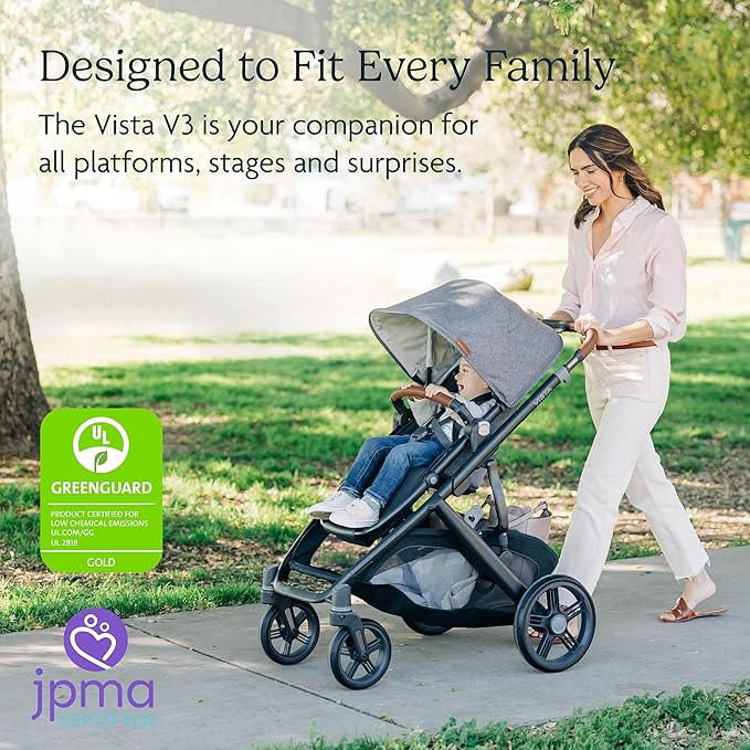 UPPAbaby Vista V3 Stroller - Full-Size Single-to-Double Stroller System - Toddler Seat, Bug Shield, Rain Shield, and Storage Bag Included - Theo (Dark Taupe/Silver Frame/Chestnut Leather)