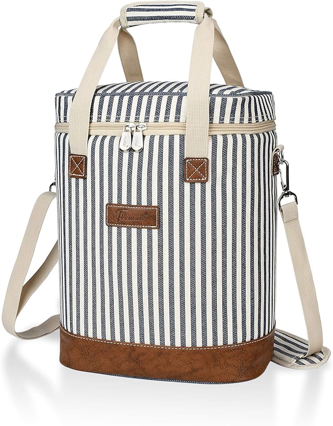 Tirrinia 6 Bottle Wine Cooler Bag - Blue Stripe, Padded & Thermal Insulated, Leakproof, Multi-Use, On-The-Go Design
