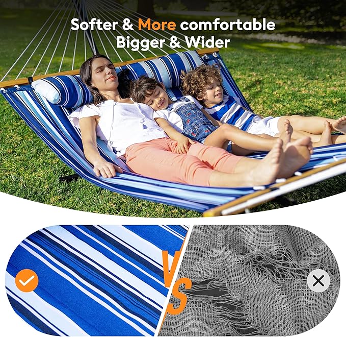 Double Hammock with Spreader Bar,Soft Pillow,Max Load 500lbs,Portable Hammock for Outdoor,Camping,and Backyard,Aqua Blue