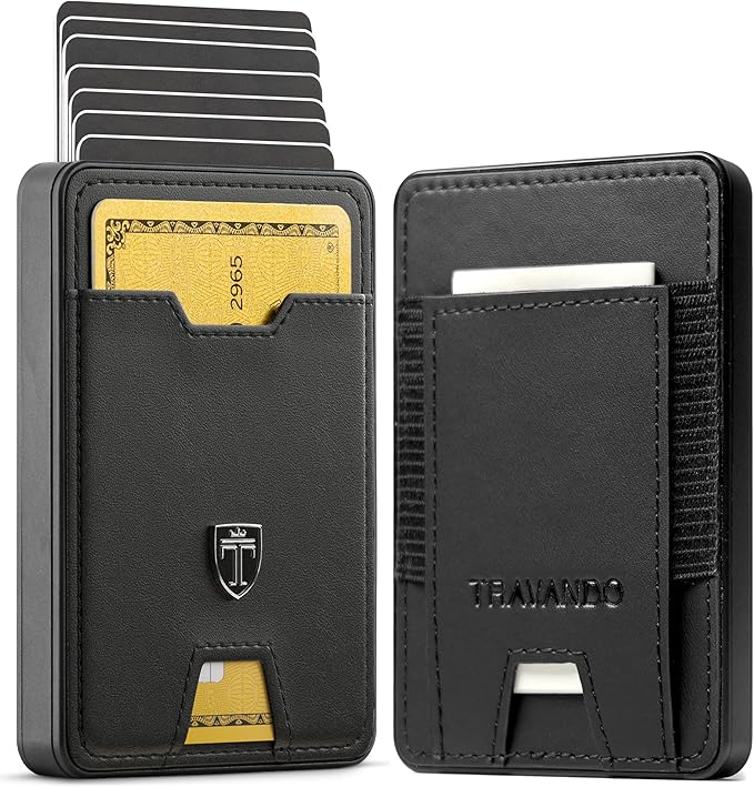 TRAVANDO Swype Slim Wallet for Men Metal RFID Blocking Mens Wallet Card Case (Real Leather Black)
