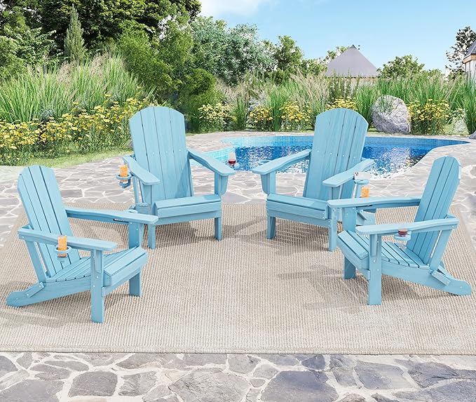 SERWALL Adirondack Chair with Cup Holders - Composite Adirondack Chairs HDPE Outdoor Chairs Set of 2 All Weather Use- Light Blue
