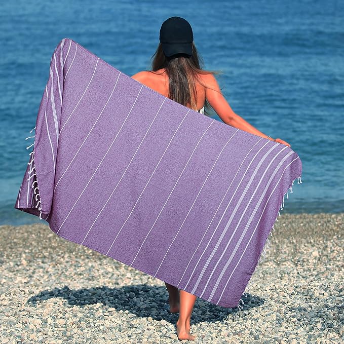 HILLFAIR Cotton Turkish Beach Towels, Quick Dry Lightweight Sand Free Peshtemal Towel for Bath Swim Yoga Spa Travel, Beach Accessories, Oversized Cotton Turkish Towels (39 x 72 inch- 4 Pack Purple)