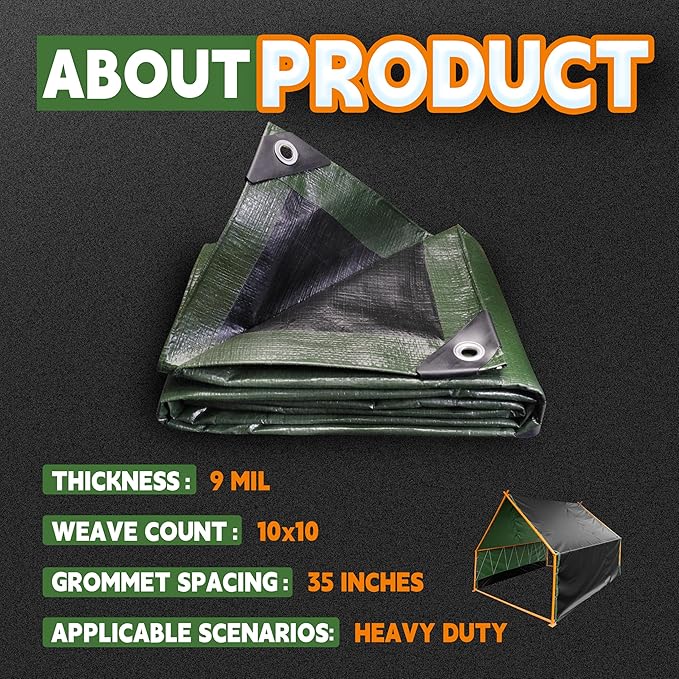 15x15 Feet Tarp Waterproof,9Mil Thick,Finished Size Tarps,UV Resistant,Durable,Multipurpose Poly Tarp Cover with Metal Grommets and Reinforced Edges,Green/Black by RAINDEWAY