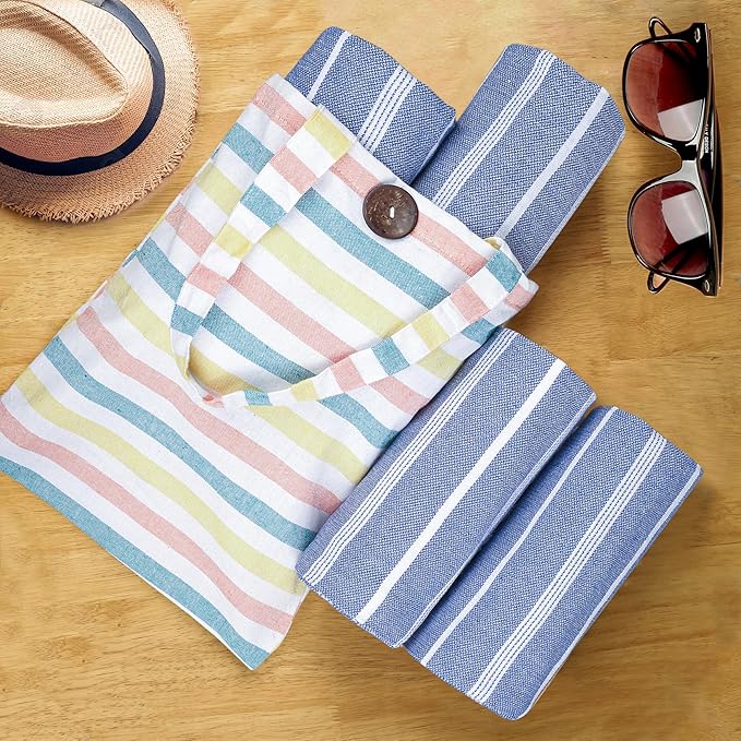 HILLFAIR Cotton Turkish Beach Towels, Quick Dry Lightweight Sand Free Peshtemal Towel for Bath Swim Yoga Spa Travel, Beach Accessories, Oversized Cotton Turkish Towels (39 x 72 inch- 4 Pack Blue)
