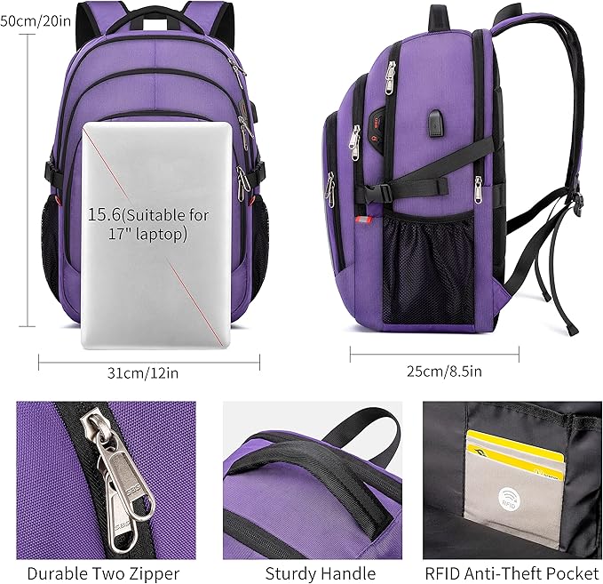 Travel Laptop Backpack,17.3 Inch Large Capacity College School Bookbags,RFID Anti Theft Pocket,Durable Water Resistant Backpacks Computer bagpack for Women Girls Teenagers Casual Daypack,Purple